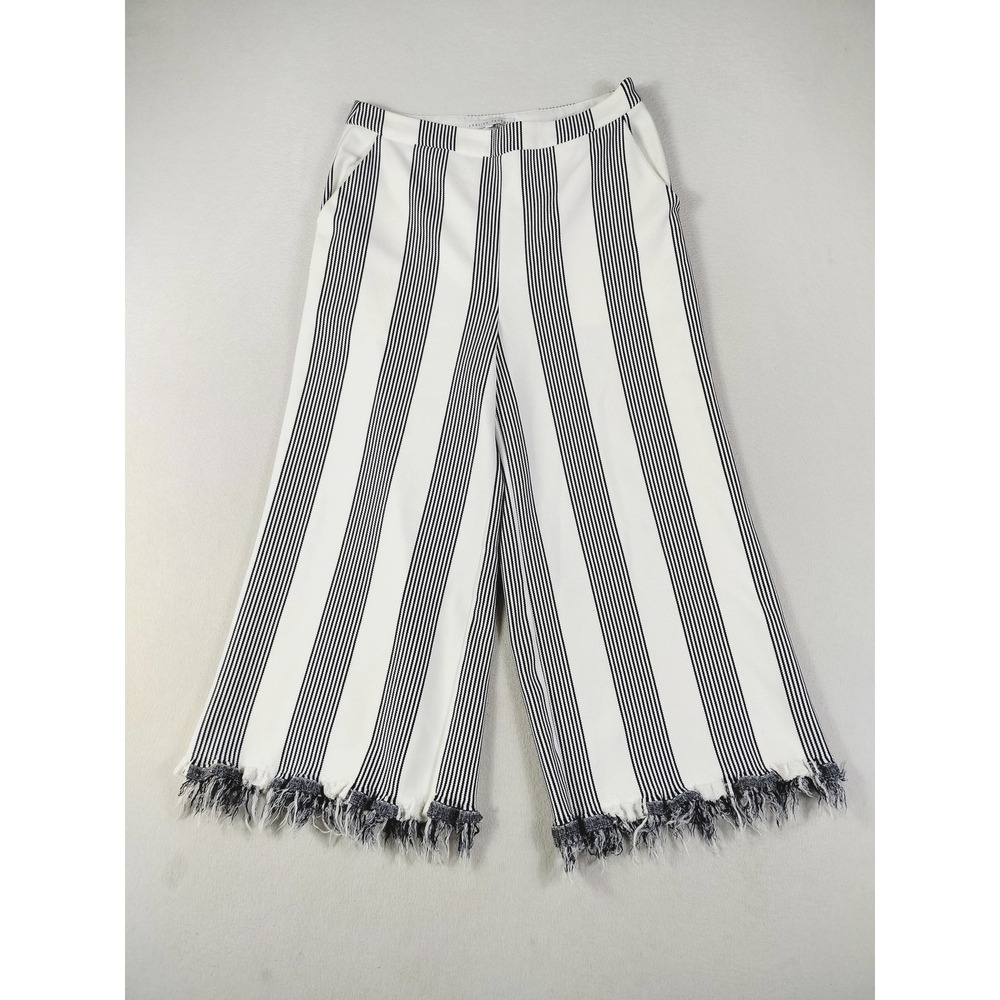 English Factory Pants Womens Large White Striped Cropped Wide Leg Fringe Summer